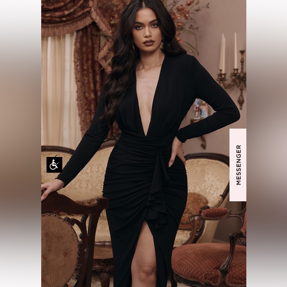 MIRA BLACK DEEP PLUNGE MIDI DRESS - Picture 2 of 15